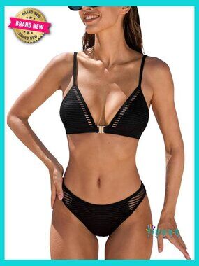 V Neck Mesh Panel Bikini Set High Leg Textured Two Piece Swimsuit